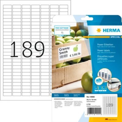 HERMA Power-Etiketten 10900, weiß, selbstklebend, stark haftend, A4, Etikettengröße: Breite: 25,4 mm, Höhe: 10 mm - Bild 1