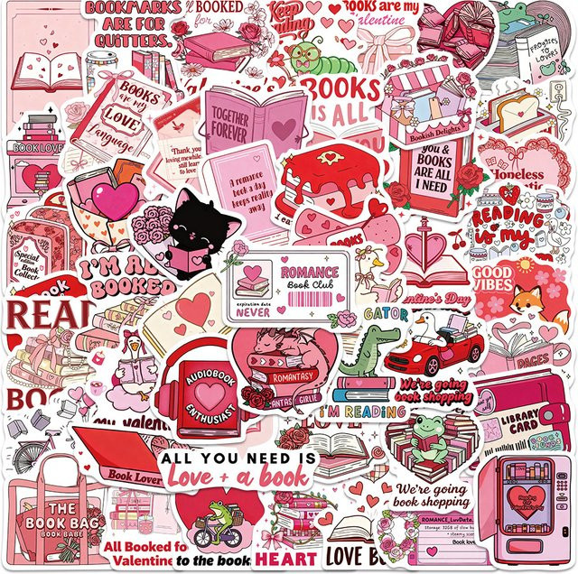 50 Stück Valentinstag Bookish Aufkleber in Multicolour für Laptop, Scrapbook und Skateboard, wasserfeste DIY ästhetische Aufkleber - Bild 1