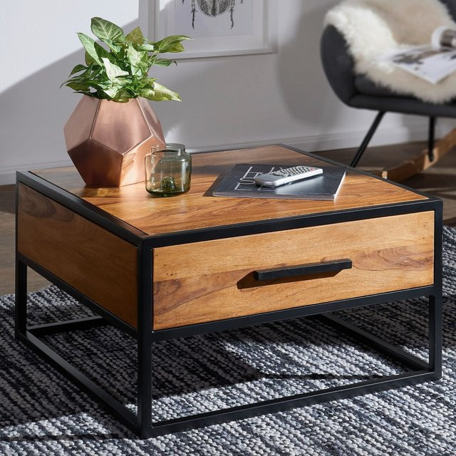 Couchtisch FineBuy aus Massivholz in Braun im Industrial-Stil mit Schublade und quadratischer Form - Bild 1