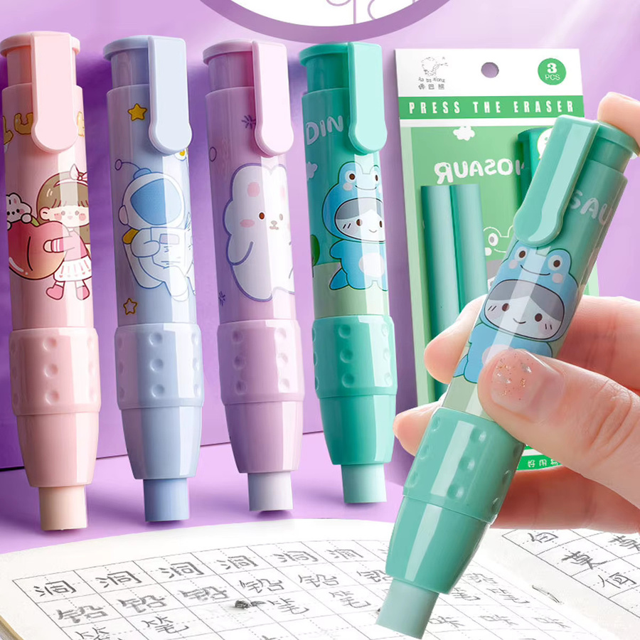 Niedliches Frosch-Cartoon-Radiergummi-Set im Stift-Design mit Nachfüllungen, 4 Farben, Pink - Bild 1