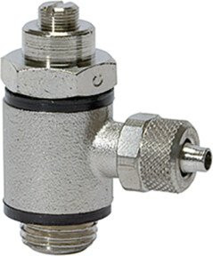 Riegler Drosselrückschlagventil aus Messing mit M5 Schnellverschraubung und 5/3 Schlauchanschluss in Silber - Bild 1