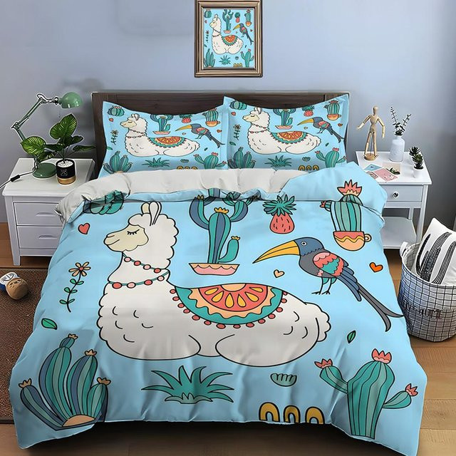 Wucifang Bags Bettwäsche Set mit Llama Alpaka Motiv in Blau, 3-teilig aus Mikrofaser, B/H: 150 x 200 cm - Bild 1