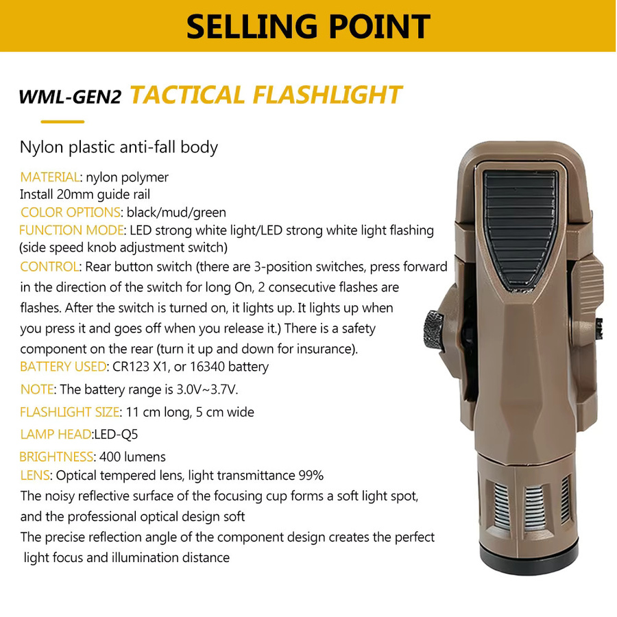 BOOIU Taktische LED Taschenlampe WML-G2 aus Nylon und Metall in Grün für Airsoft, Outdoor und Jagd, wasserdicht - Bild 4