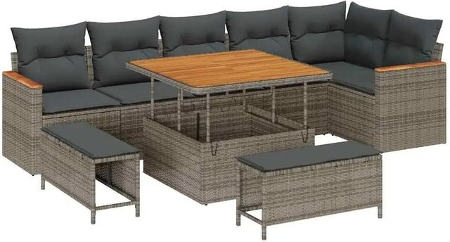 vidaXL Garten-Sofa-Set aus Poly-Rattan und Akazienholz in Grau mit 9 Teilen - Bild 1