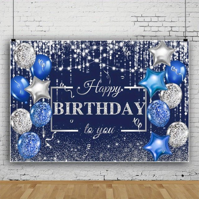 Happy Birthday Jubiläumsbanner mit Ballons und Sternenmotiv in Blau und Grau, B: 120 cm, H: 80 cm - Bild 1