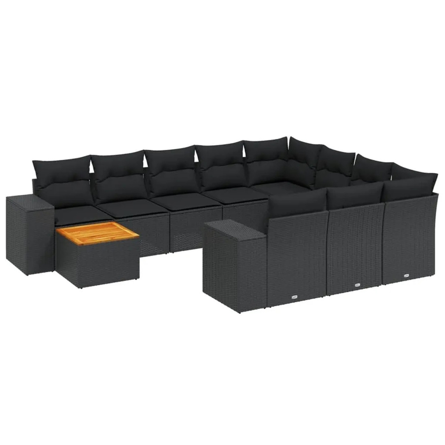 vidaXL 11-tlg. Garten-Sofagarnitur in L-Form aus Poly-Rattan und Akazienholz mit Kissen in Schwarz - Bild 2