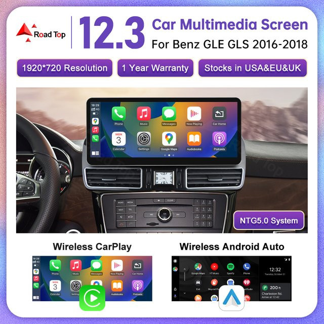 Road Top 12,3 Zoll Linux Touchscreen Multimedia Autoradio mit Android Auto und Wireless CarPlay für Mercedes Benz GLE GLS 2016-2018 in Schwarz - Bild 1