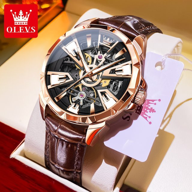 OLEVS Armbanduhr Automatik, Edelstahl, Leder, Schwarz, Herren - Bild 1