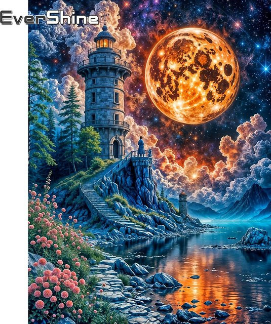 EverShine Diamantmalerei Leuchtturm am Meer als Mosaik-Landschaftsbild in Multicolour, B/H: 30 x 30 cm - Bild 1