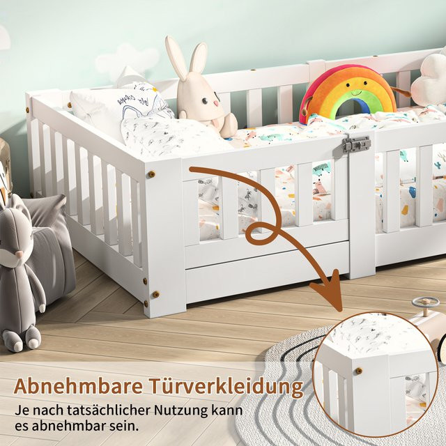 Rosahqnda Kinderbettgestell aus massivem Holz in Weiß mit Sicherheits-Schutzgeländer und Lattenrost, B/T/H: 120 x 200 cm - Bild 1