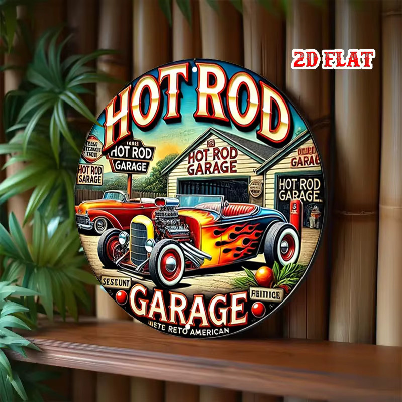 Potdemiel Vintage Hot Rod Garage Rundes Aluminiumschild mit Flaming Flames Retro-Metallwandkunst in Mehrfarbig - Bild 5