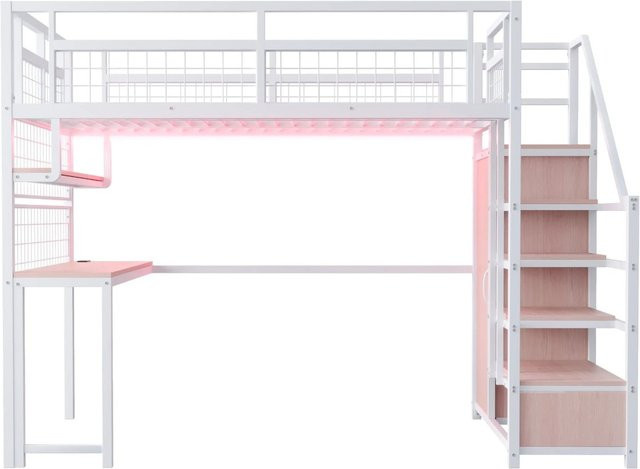 Merax Hochbett mit LED-Unterbettbeleuchtung und Schrank in Weiß und Schwarz, B/T/H: 200 x 140 x 180 cm - Bild 1