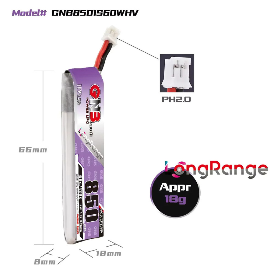 Gaoneng GNB 1S 850mAh 3,8V 60C HV Lipo Batterie mit PH2.0 Anschluss für Beta75X, 75mm FPV Drone, EZ Pilot Pro und Emax Tinyhawk S Mini Micro Whoops - Bild 2
