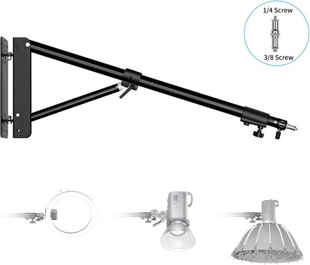 SH Fotografie-Blitzlicht Set mit dreieckigem Galgenarm für Wandmontage, Softbox, Regenschirm, Reflektor und Ringlicht, Schwarz, B/T/H: 100 x 135 x 170 cm - Bild 1