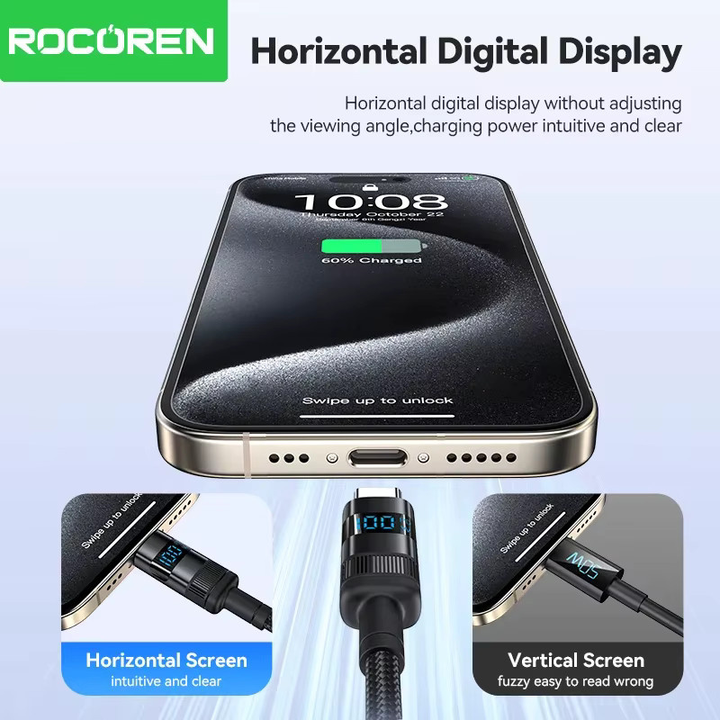 Rocoren USB Typ C Kabel mit Digital Display, 100 W 5 A PD 3.1 Schnellladekabel, Schwarz - Bild 3