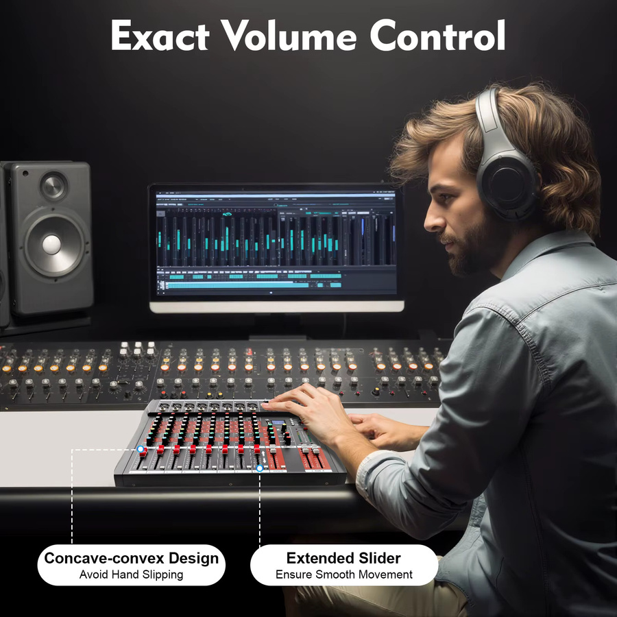 Bymaocar 8-Kanal Professionelles Audio-Mischpult Soundboard Konsole mit Bluetooth und USB, Stereo-Mixer mit 48V Phantomspeisung, Schwarz - Bild 3