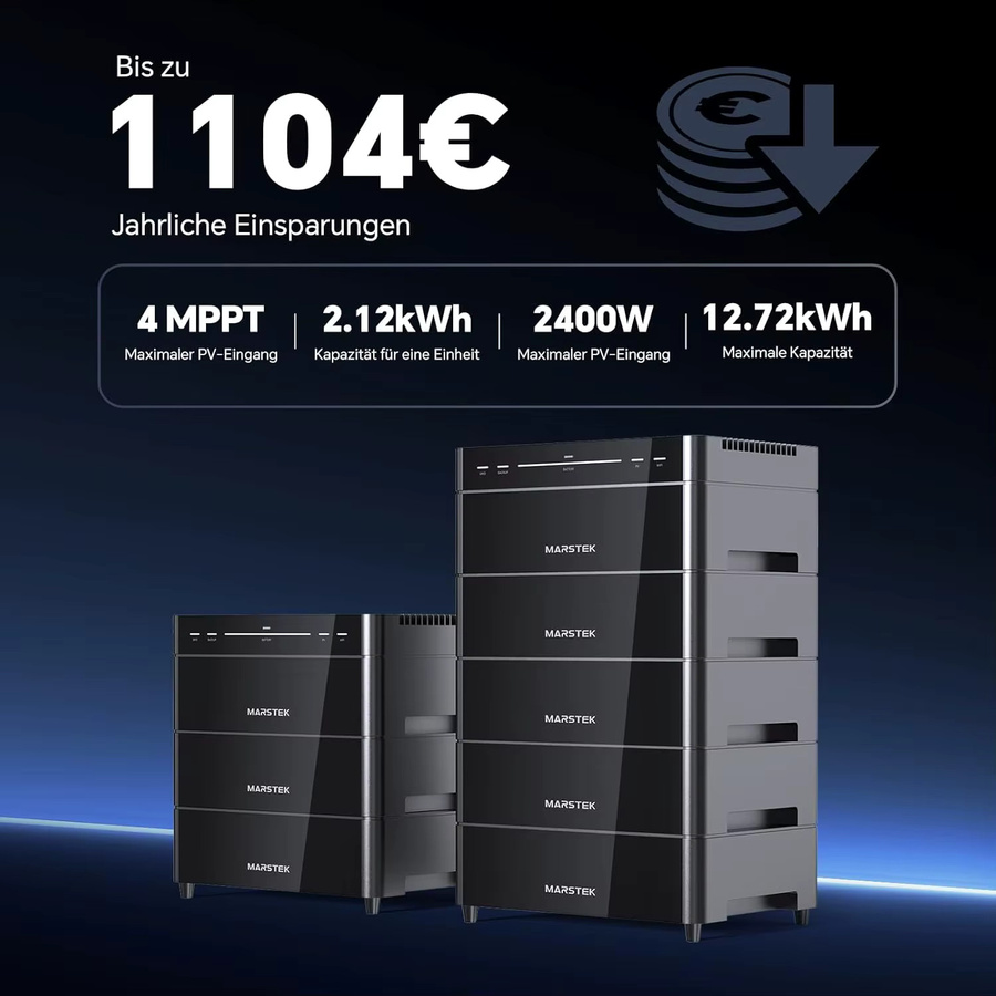 Marstek Venus A Balkon-Solaranlage mit Heimspeicher und Wechselrichter, 2120 Wh, 4 MPPT, 2,4 kW PV-Eingang, 1500 W Ausgang, LiFePO4-Akku, App-Steuerung, Schutzart IP65 - Bild 4