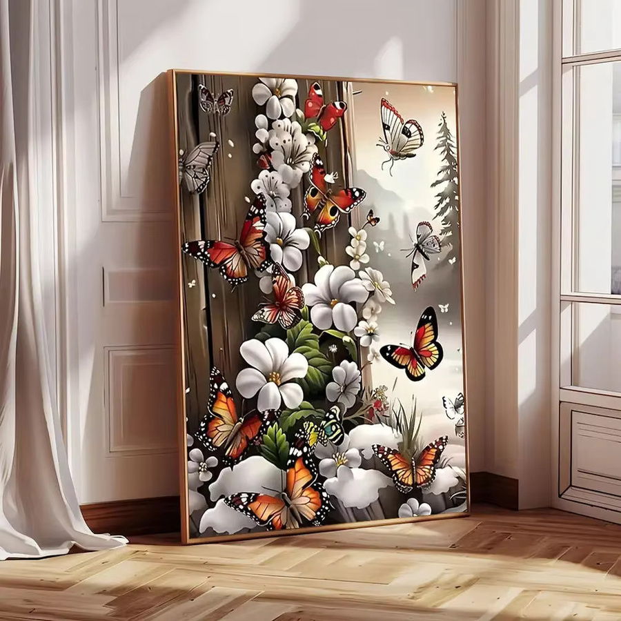 Potdemiel 5D Diamantmalerei-Set Schmetterlingsblumen mit runden Steinen in Multicolour, DIY Mosaik-Stickerei zur Wanddekoration - Bild 3