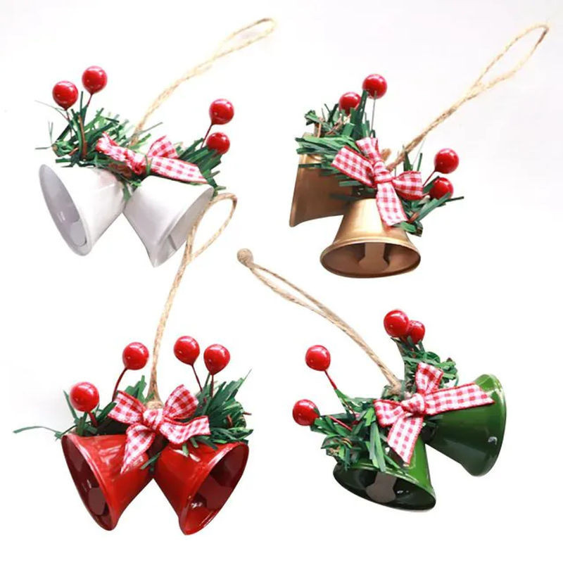 4er-Set OutsideWorld Weihnachts-Doppelglocken aus Metall als Hängeornament für den Weihnachtsbaum, mehrfarbig und klassisch im karierten Design - Bild 1