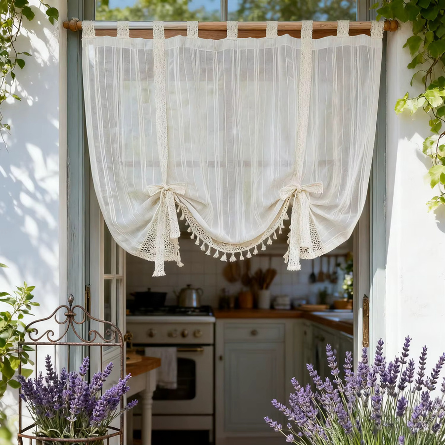Transparenter Vintage-Vorhang mit Häkelspitze und Quastendekoration, gestreift, in Beige und Weiß, für Küche, Tür und Fenster, rustikale Heimdekoration - Bild 2