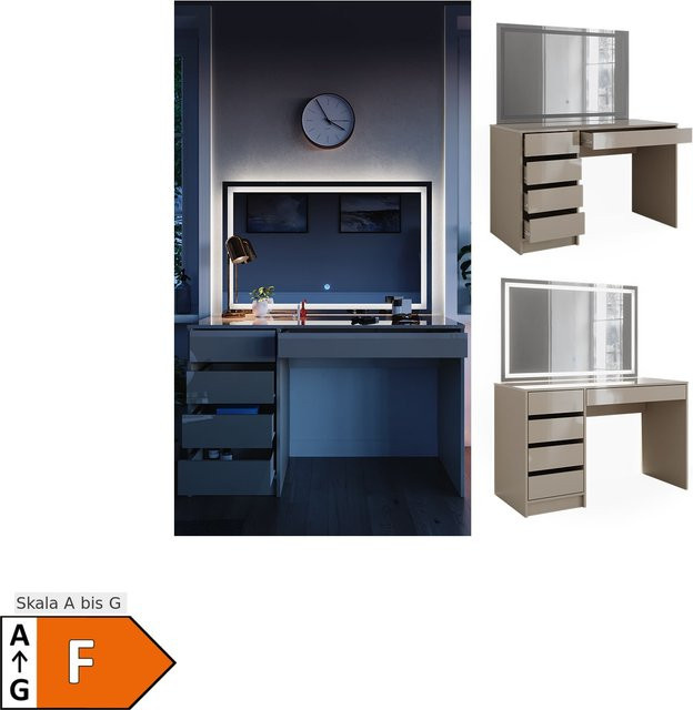 Vicco Schminktisch Sherry in Greige Hochglanz mit LED-Spiegel und 5 Schubladen, Breite: 120 cm, Tiefe: 75 cm, Höhe: 75 cm - Bild 1