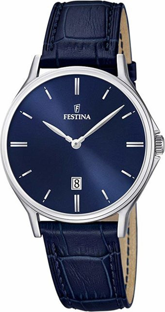 Festina Herrenuhr, Quarz, Edelstahl, Blau, Leder, 39 mm, 5 ATM - Bild 1