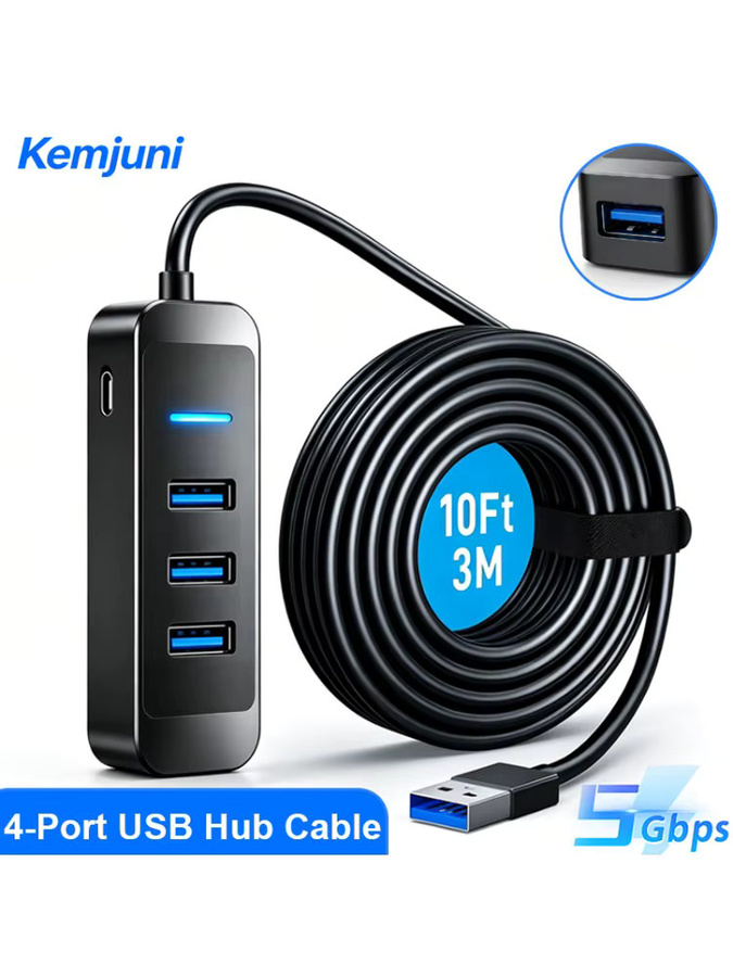 Kemjuni USB 3.0 Hub 4-Port USB-Verlängerungskabel in Schwarz mit 3m Kabellänge für Desktop-Computer, Laptops, Mac und Windows mit 5GBPS Übertragungsrate - Bild 6