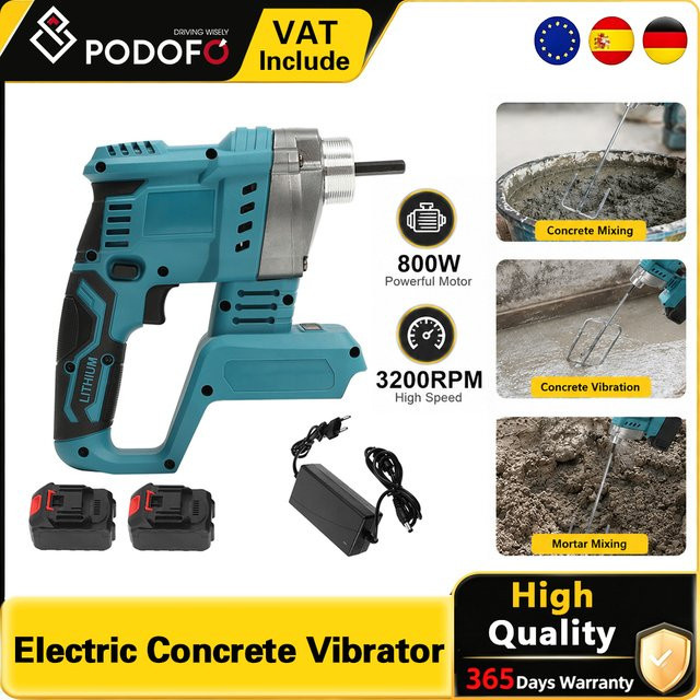 Podofo Elektrischer kabelloser Betonrüttler in Blau, bürstenloser 800 W Handrüttler mit 3200 U/min und Kupfermotor, kompatibel mit Makita-Akkuadapter, 10 Stück - Bild 1