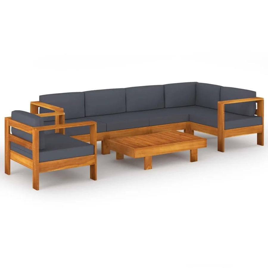 vidaXL 7-tlg Garten-Lounge-Set aus Akazienholz mit grauen Polstern in L-Form - Bild 2