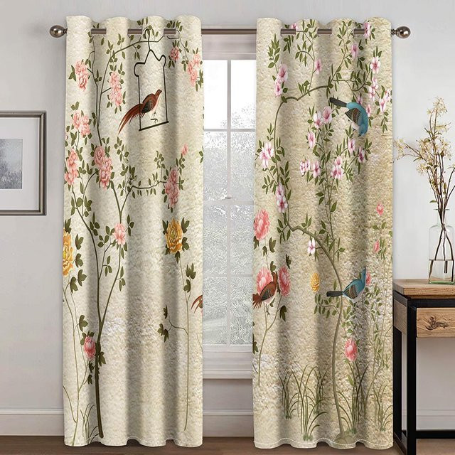 A Family Of Home Textiles Dekorative Vorhänge mit 3D Blumen, Vögeln und Zweigen in Rosa, halbtransparent mit Ösen, Breite: 135 cm, Höhe: 165 cm - Bild 1