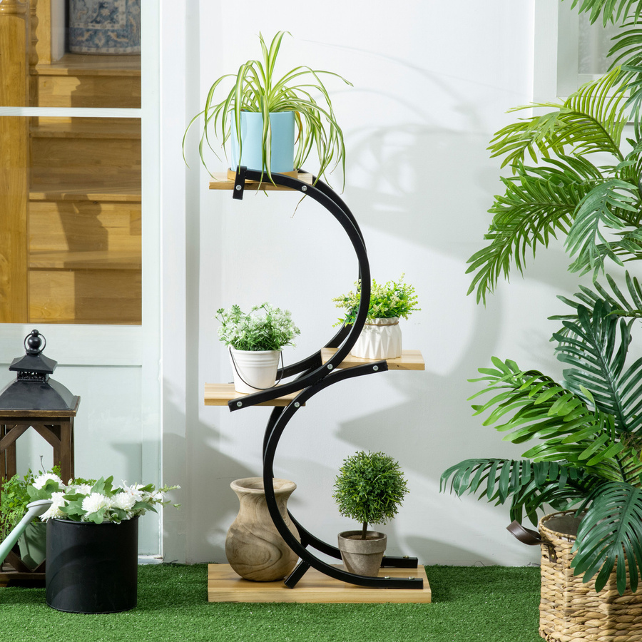 Outsunny Pflanzenregal S-förmige Blumentreppe mit 4 Ebenen aus Metall und Massivholz in Schwarz, B/T/H: 46 x 25 x 91 cm - Bild 2