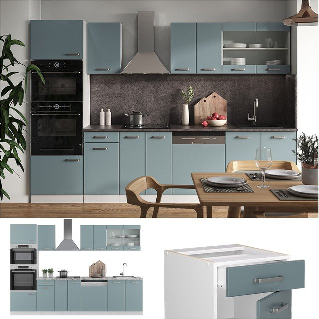 Vicco Küchenzeile R-Line Solid in Weiß, Blau und Grau mit Marmor-Arbeitsplatte, Breite: 300 cm - Bild 1