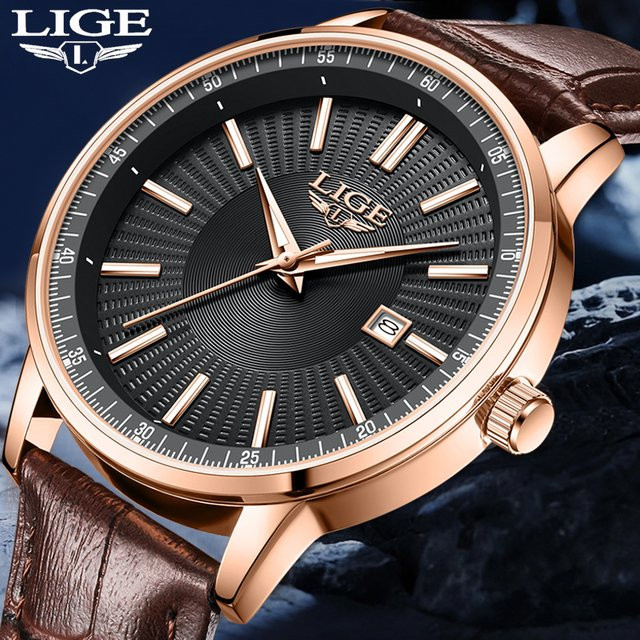 LIGE Armbanduhr Chronograph, Quarz, Leder, Schwarz, Roségold, Herren - Bild 1