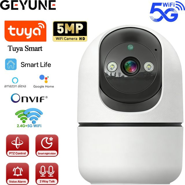 GEYUNE Tuya 5MP 5G WLAN IP-Kamera für den Innenbereich, drahtlose Sicherheitsüberwachungskamera mit Auto-Tracking, IR-Nachtsicht und 6-fach Zoom, Farbe: Weiß - Bild 1