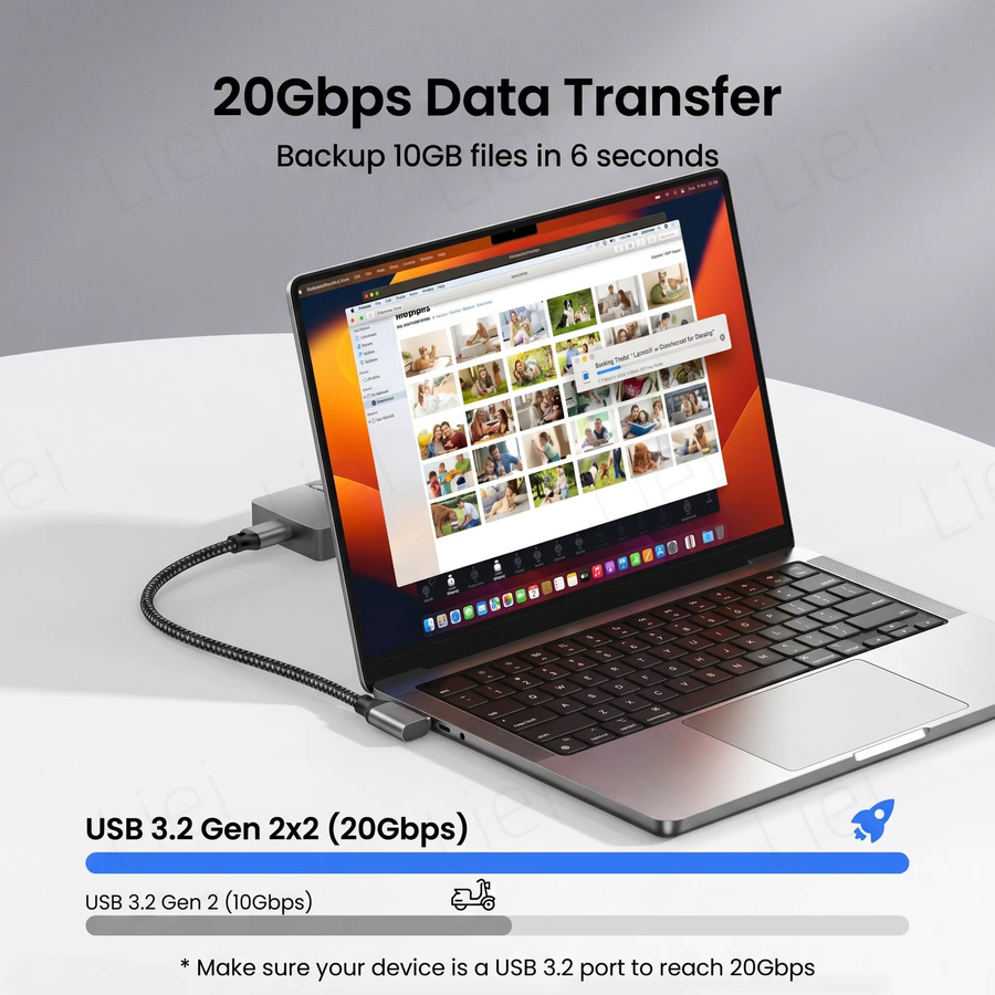 LIEI USB Typ-C Datenkabel mit 90 Grad L-Form, USB 3.2 Gen2x2, 20Gbps Datenübertragung und 240W PD-Ladung für 5K/4K Monitore - Bild 4