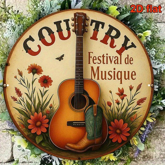 Rundes Metallschild von Potdemiel im Vintage-Design mit Westernstiefeln, Gitarre und Cowgirl-Hut für deine Country-Musik-Deko - Bild 1