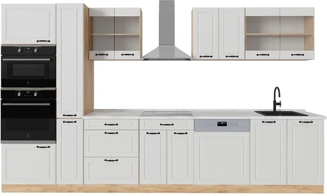Vicco R-Line Küchenzeile Landhaus Weiß Struktur mit Marmor-Optik, Breite: 350 cm - Bild 1