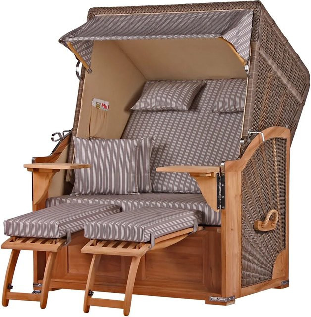 bene,iving Strandkorb Komplettset Schaalsee Modell 501 aus Teakholz und PE-Geflecht in Grau mit passender Abdeckung und Rollen - Bild 1