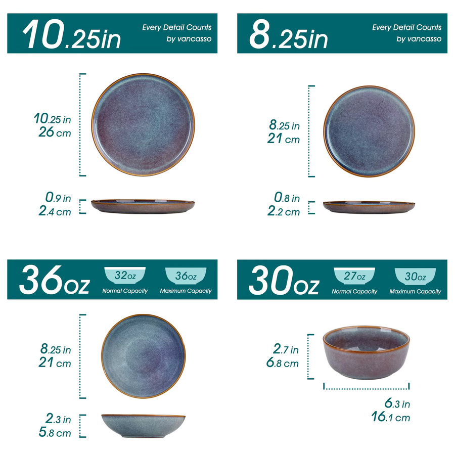 vancasso Steinzeug Geschirrset mit reaktiver Glasur in Grau-Blau, bestehend aus Tellern, Desserttellern und Schüsseln - Bild 2