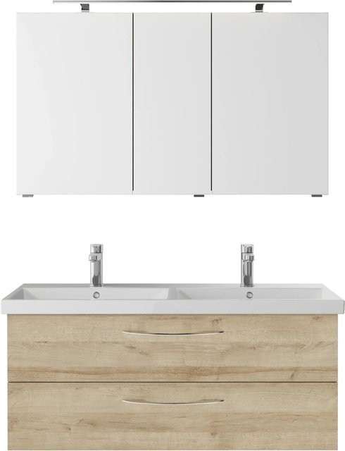 Pelipal Badmöbel-Set Serie 4035 in Eiche braun, 3-teilig bestehend aus Doppelwaschtisch, Waschtischunterschrank und Spiegelschrank mit LED-Beleuchtung - Bild 1