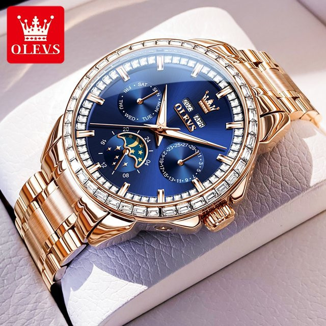 OLEVS Armbanduhr, Automatik, Edelstahl, Bicolor, Roségold, Blau, Herren - Bild 1