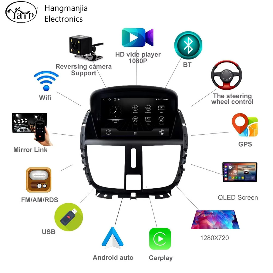 Hangmanjia Android Autoradio mit kabellosem CarPlay für Peugeot 207 und 207CC, Schwarz - Bild 3