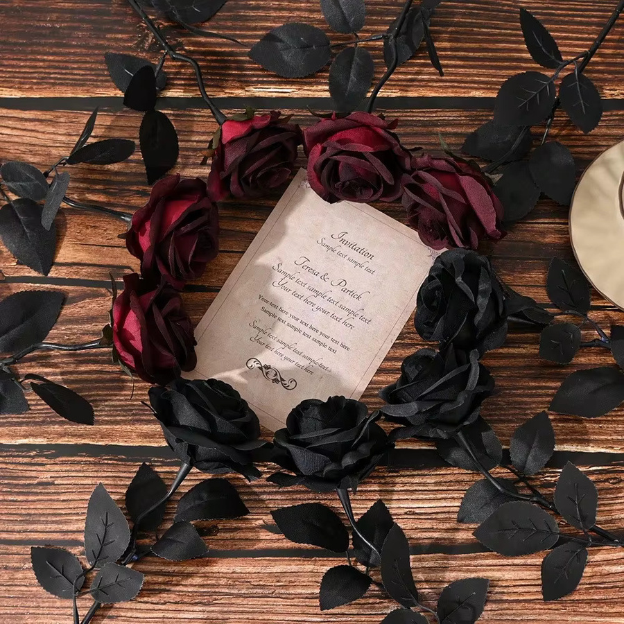 Uflower Künstliche Seidenrosen in Weinrot und Schwarz für Halloween, Hochzeit und Dekoration, 50 cm - Bild 2