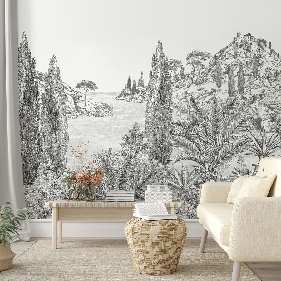 Isidore Leroy Mural Cyprcs Tapete in Grau mit floralem mediterranem Design - Bild 1