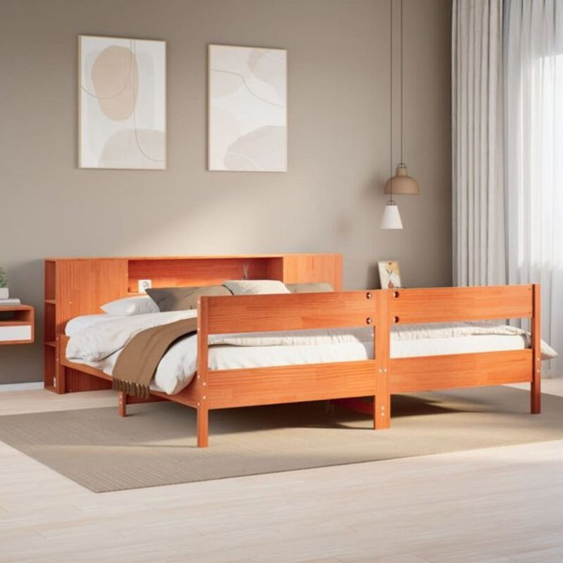 Massivholzbett aus Kiefer mit Regal in Braun von Vidaxl, B/T: 200 x 200 cm - Bild 1