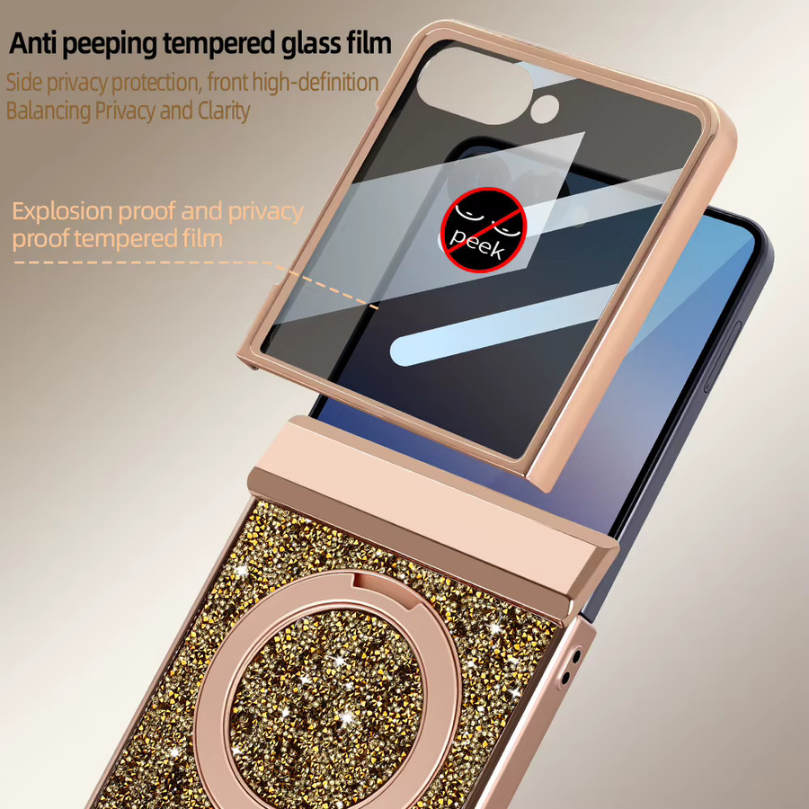 Glitzer-Kunstleder-Handyhülle für Samsung Z Flip 7 und Samsung Z Flip 6 in Gold mit magnetischem drehbarem Ständer, Anti-Spionage-Folie und Scharnierschutz - Bild 2
