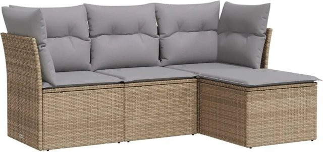vidaXL 4-tlg Garten-Sofagarnitur in L-Form mit Kissen und Ottoman, Beige, Poly Rattan und Metallrahmen - Bild 1