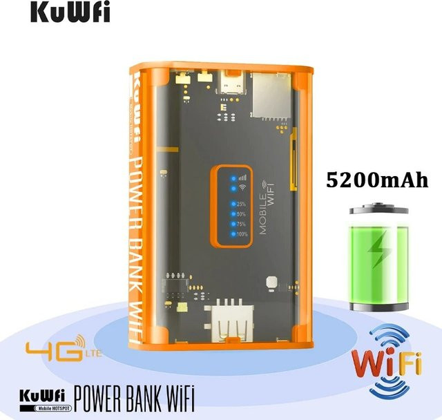 KuWFi 4G LTE Router Tragbarer Mini-Reise-Hotspot mit 5200mAh Akku und USB-Powerbank-Ausgang in Orange - Bild 1