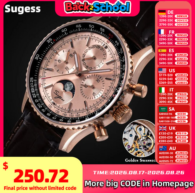 Sugess Chronograph, Moonphase, Automatik, Edelstahl, Roségold, Leder, Herren - Bild 1