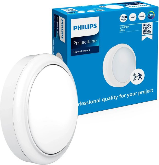 Philips Wandleuchte Projectline rund in Weiß mit LED, 15W, 1400 lm, 4000 K, IP65, Bewegungsmelder und Dämmerungssensor für Außen- und Innenbereich - Bild 1